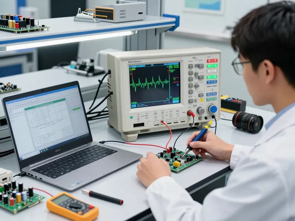 Technician analyzing waveforms on a benchtop oscilloscope for small electronics labs, showcasing a focused electronics lab environment.
