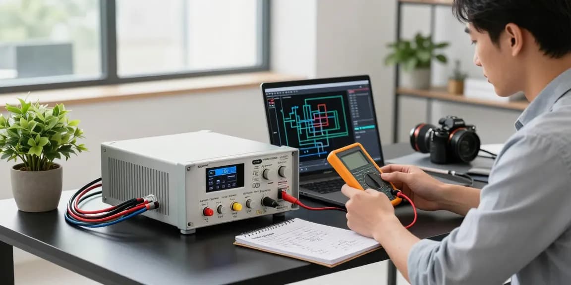 Kiprim DC310Pro in a tech workspace with an engineer adjusting voltage settings on a sleek desk.