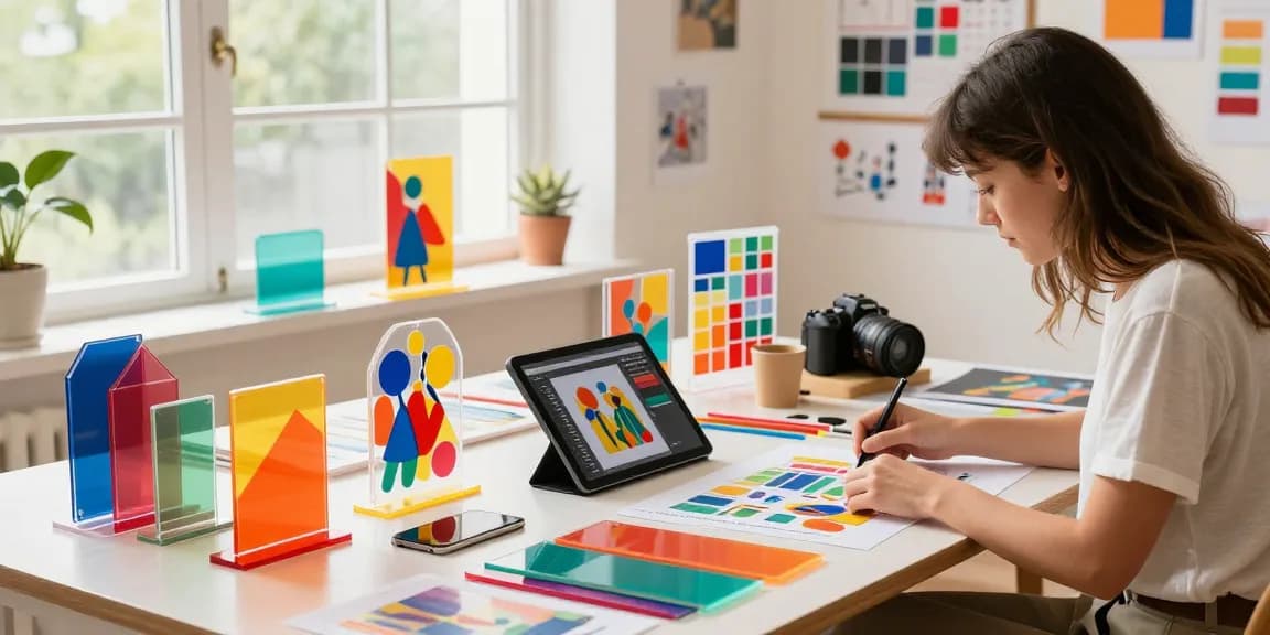 Customized acrylic standees arranged in a creative workspace, showcasing vibrant colors and designs.