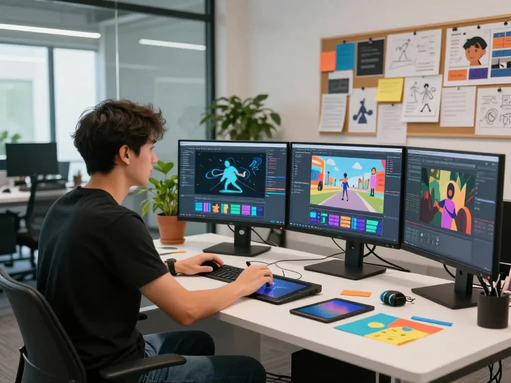 Animator using Kling motion AI in a vibrant workspace with dual monitors showing animation graphics.
