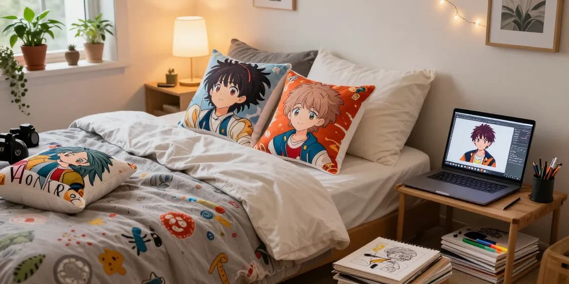 Custom body pillow collection in a cozy bedroom setting with warm lighting and personal designs.