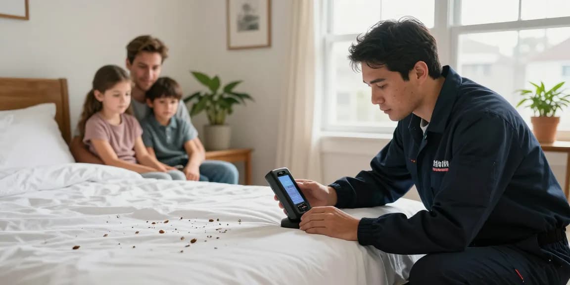 Effective bed bug treatment in a Milwaukee home with a professional exterminator inspecting a bed.