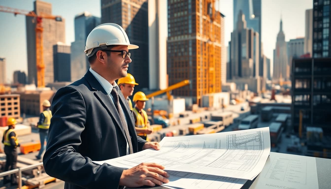 New York Construction Manager supervising a dynamic construction site with workers and equipment.