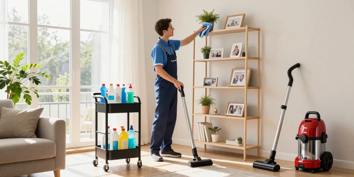 Professional cleaner performing reinigungen in a bright living room with sunlight.