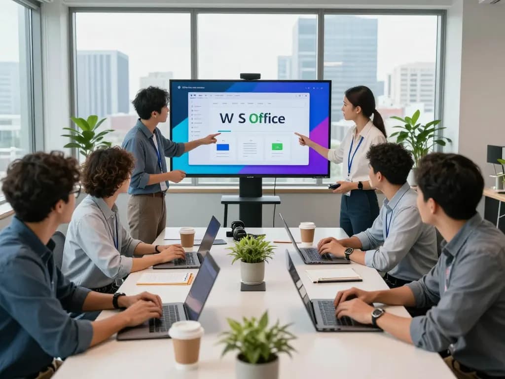 Team collaborating on WPS Office features in a modern workspace.