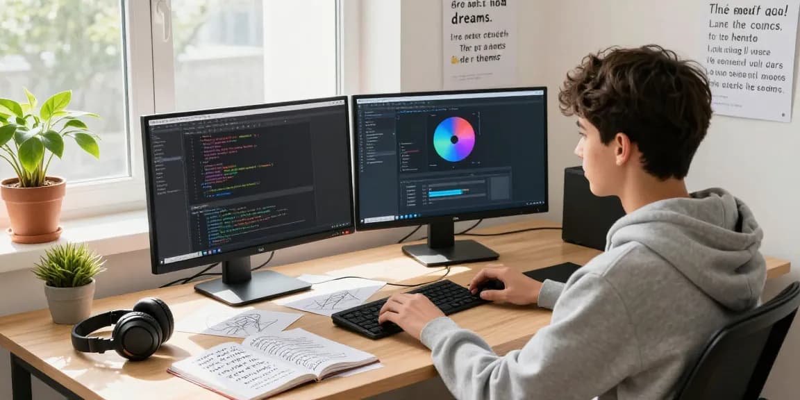 Dejny.eu showcases a vibrant creative workspace with dual monitors, coding projects, and artistic elements.