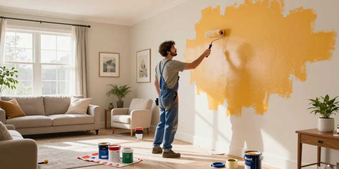 Professional applying painting services in a vibrant living room makeover.
