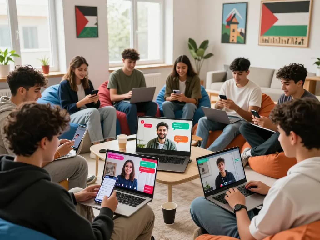 Engaging شات فلسطين chat scene with Palestinian youth connecting online.