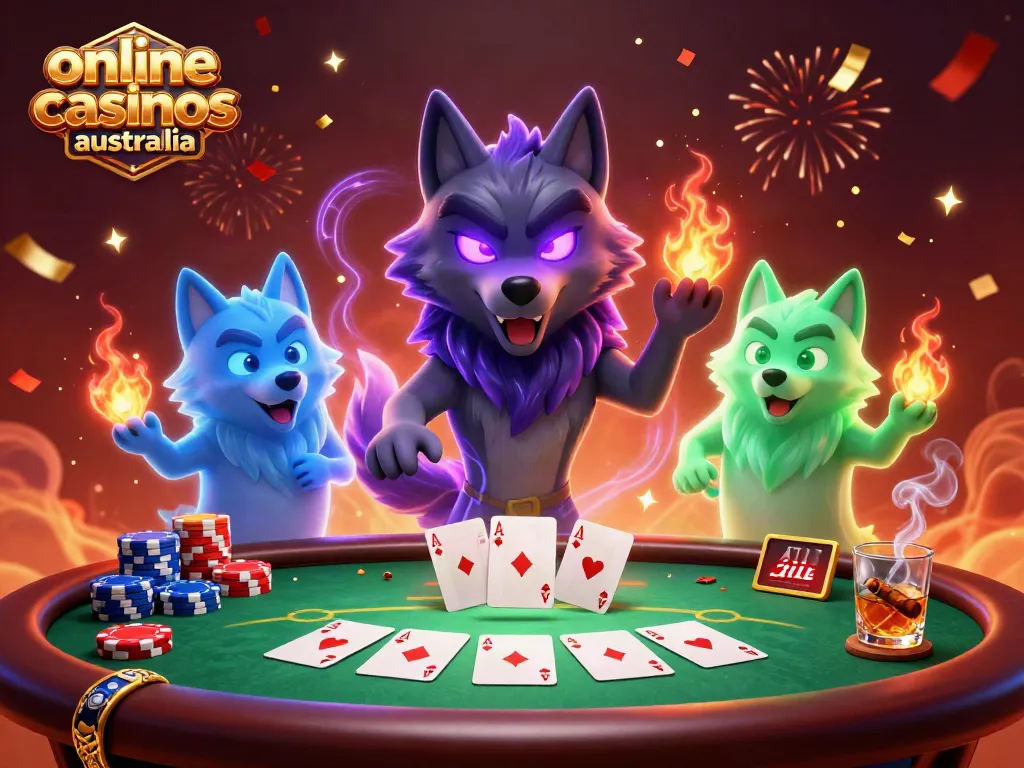 Experience the thrill at online casinos Australia with a dynamic poker scene featuring ghostly wolves.