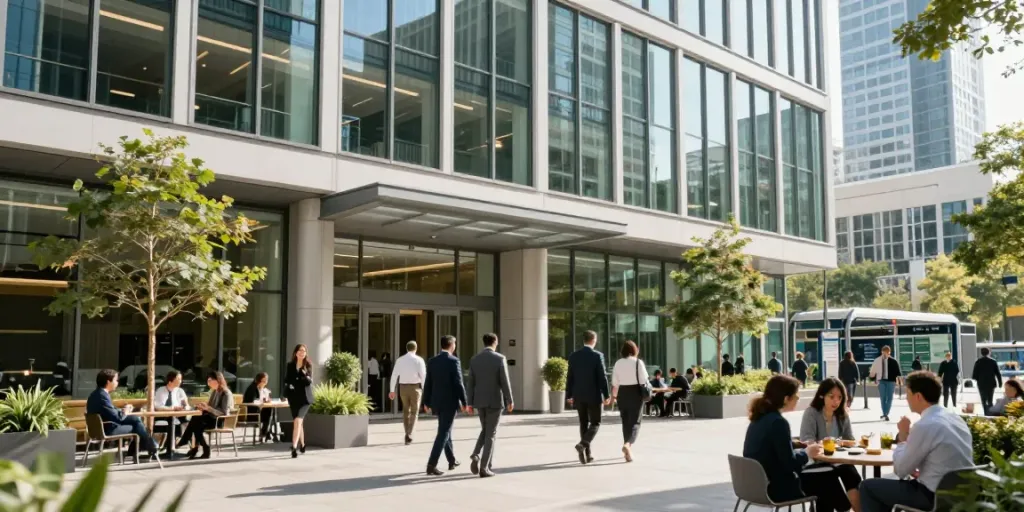 Goldhill Plaza office building with professionals entering the vibrant space.
