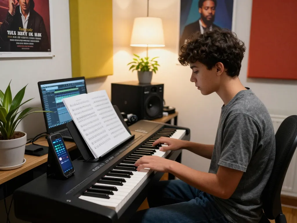 Engaged musician practicing on GO 88 digital piano in a vibrant home studio.