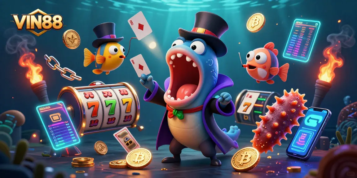 Engage with VIN88 in a lively underwater casino scene featuring magic and excitement.