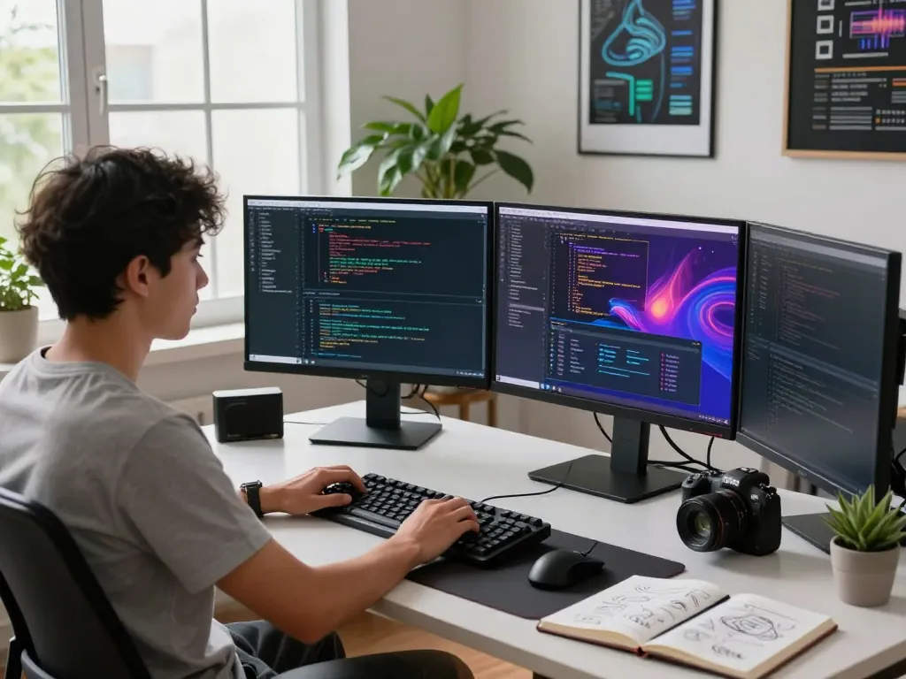 Refurbished PC in a modern workspace with vibrant coding on screens, showcasing a productive environment.