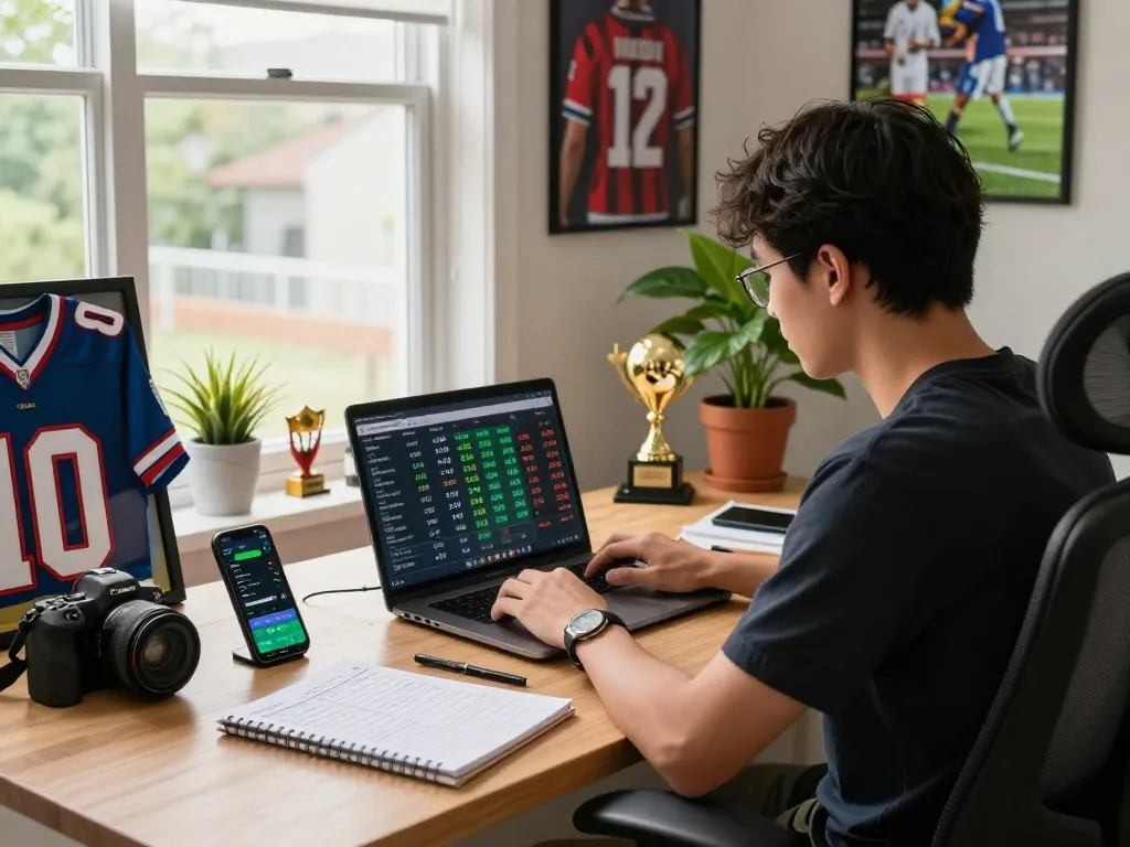 Engaging sports betting analysis with 1gom's latest odds and predictions in a modern home office.