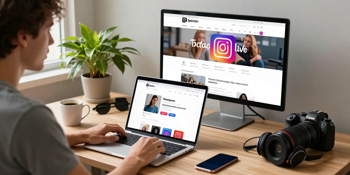 Simplified process for downloading Instagram content using Spector, showcasing a user on https://spector.net/ with a laptop and monitor.