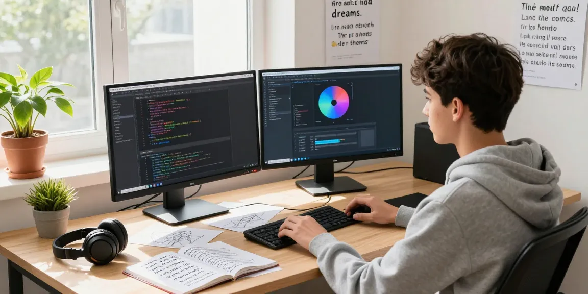 Dejny.eu showcases a vibrant creative workspace with dual monitors, coding projects, and artistic elements.