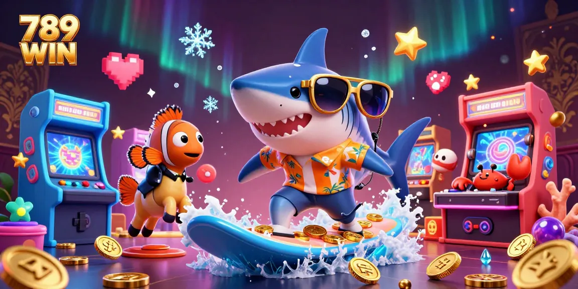 Engage with thrilling 789 WIN casino action amidst vibrant, animated characters in a digital ocean of gold.