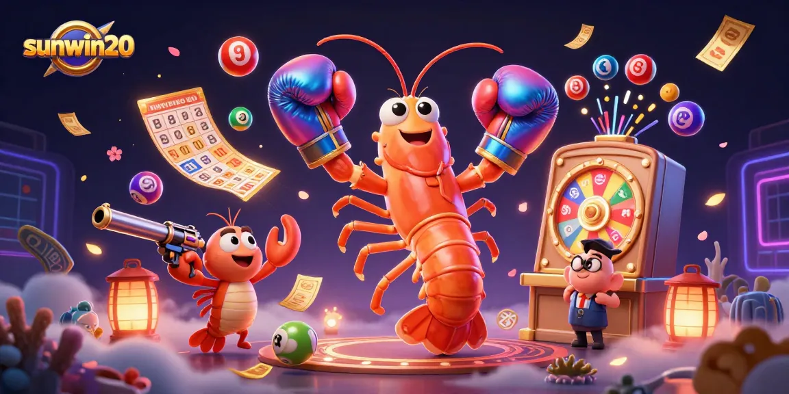 Engage with sunwin20 on a vibrant 3D illustration showcasing a dynamic shrimp duo amidst lottery joy.