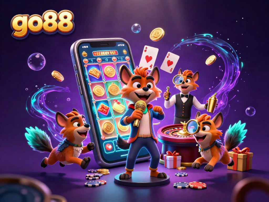 Experience excitement with go88 in a vibrant casino scene featuring hyenas at a comedy club.
