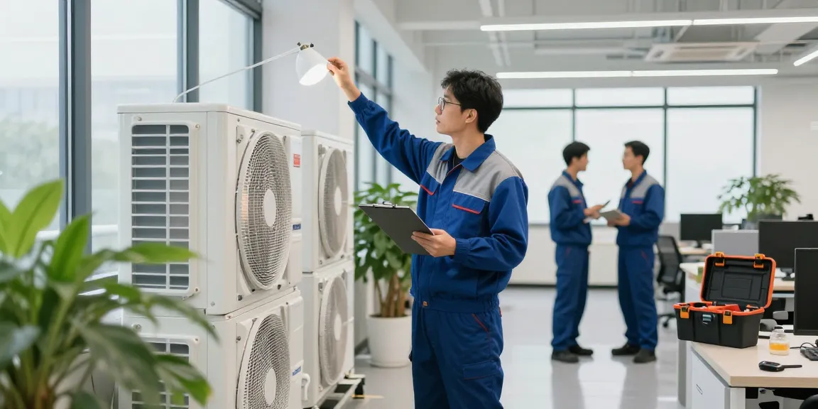 Facilities maintenance team inspecting HVAC systems and lighting fixtures in a commercial setting.