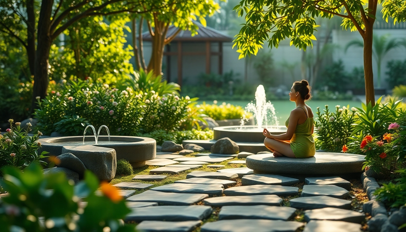 Embracing mental wellness through peaceful meditation in a serene spa garden.