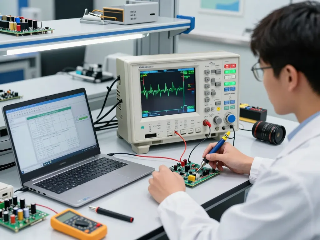 Technician analyzing waveforms on a benchtop oscilloscope for small electronics labs, showcasing a focused electronics lab environment.