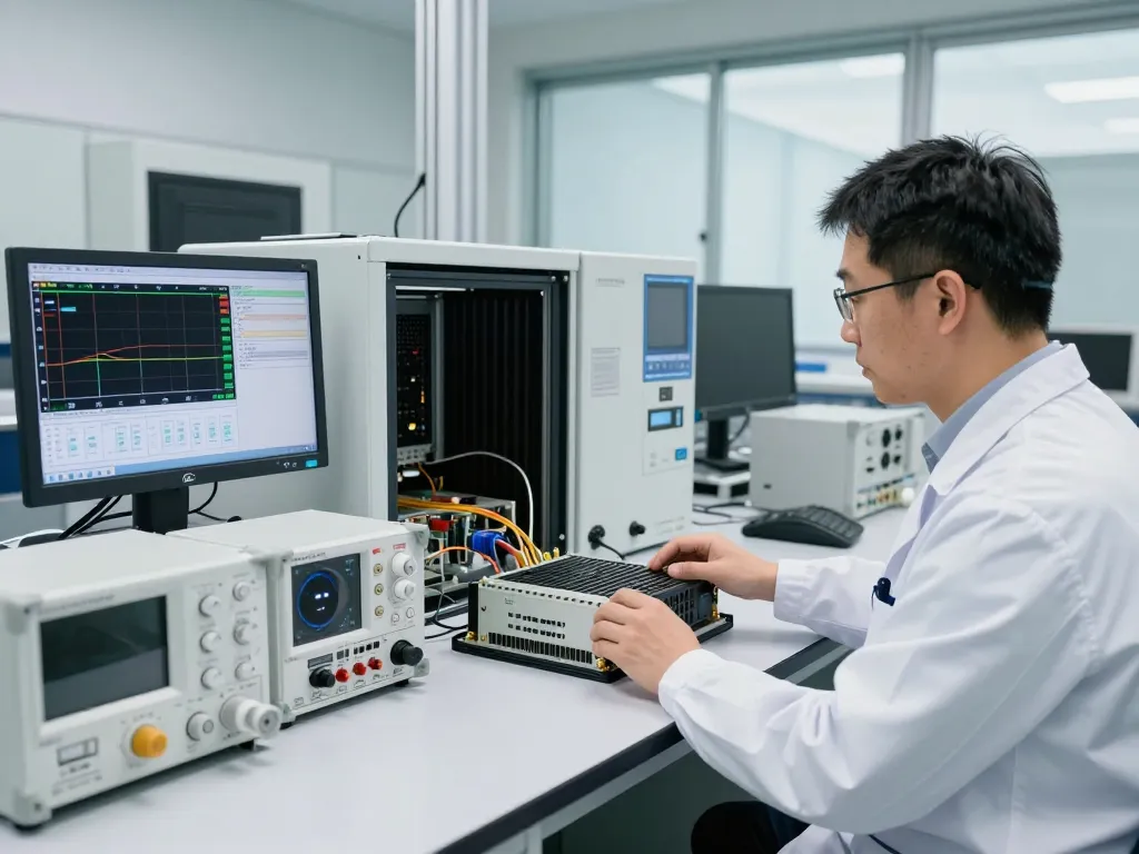 Engineer performing RF compliance tests in advanced laboratory for CE certification.