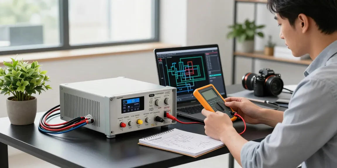 Kiprim DC310Pro in a tech workspace with an engineer adjusting voltage settings on a sleek desk.