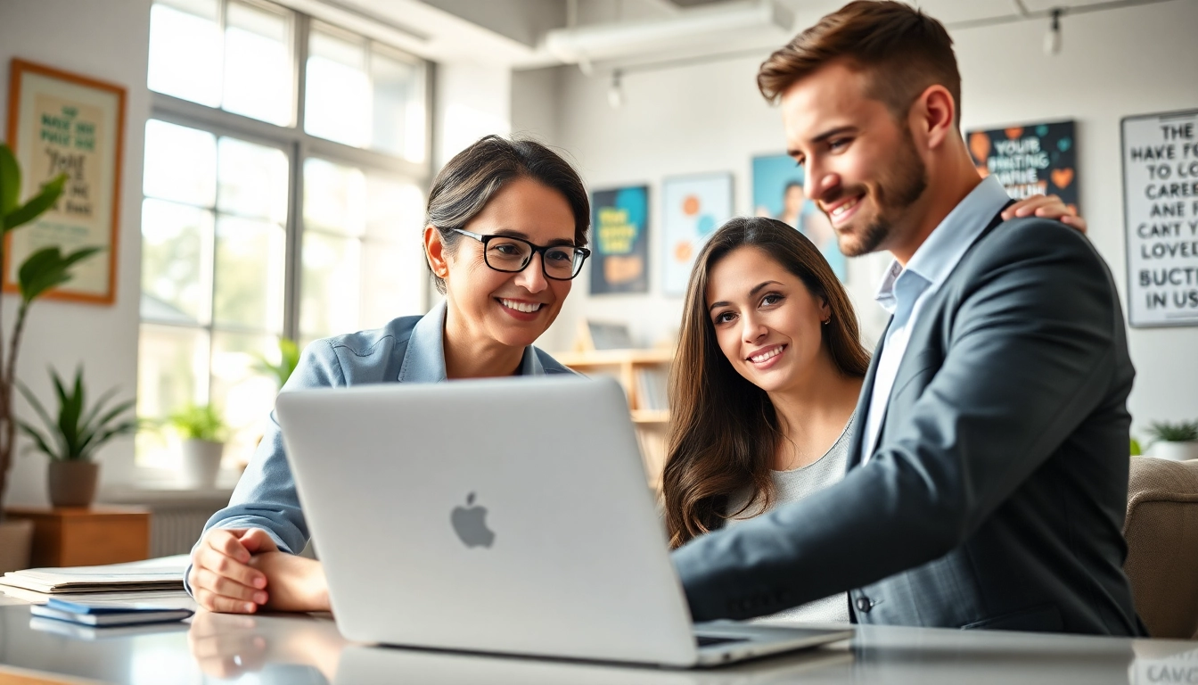 Career coaching session featuring a professional coach assisting a client in a modern office.