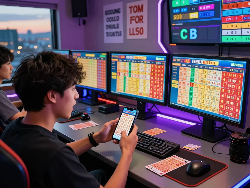 Pemain terlibat dalam permainan HK Lotto online dengan statistik lotere dinamis di layar.