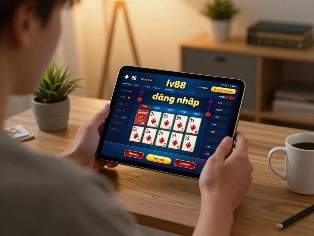 lv88 đăng nhâp interface displayed on tablet in a cozy home gaming setup.