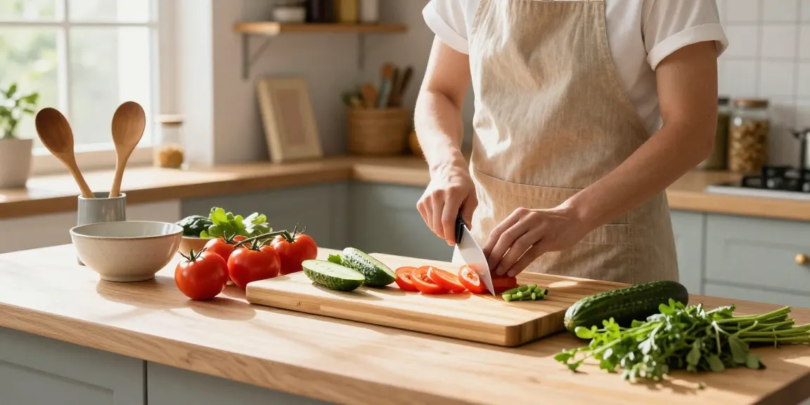 Home cook preparing fresh ingredients on a totally bamboo cutting board in a sunlit kitchen.