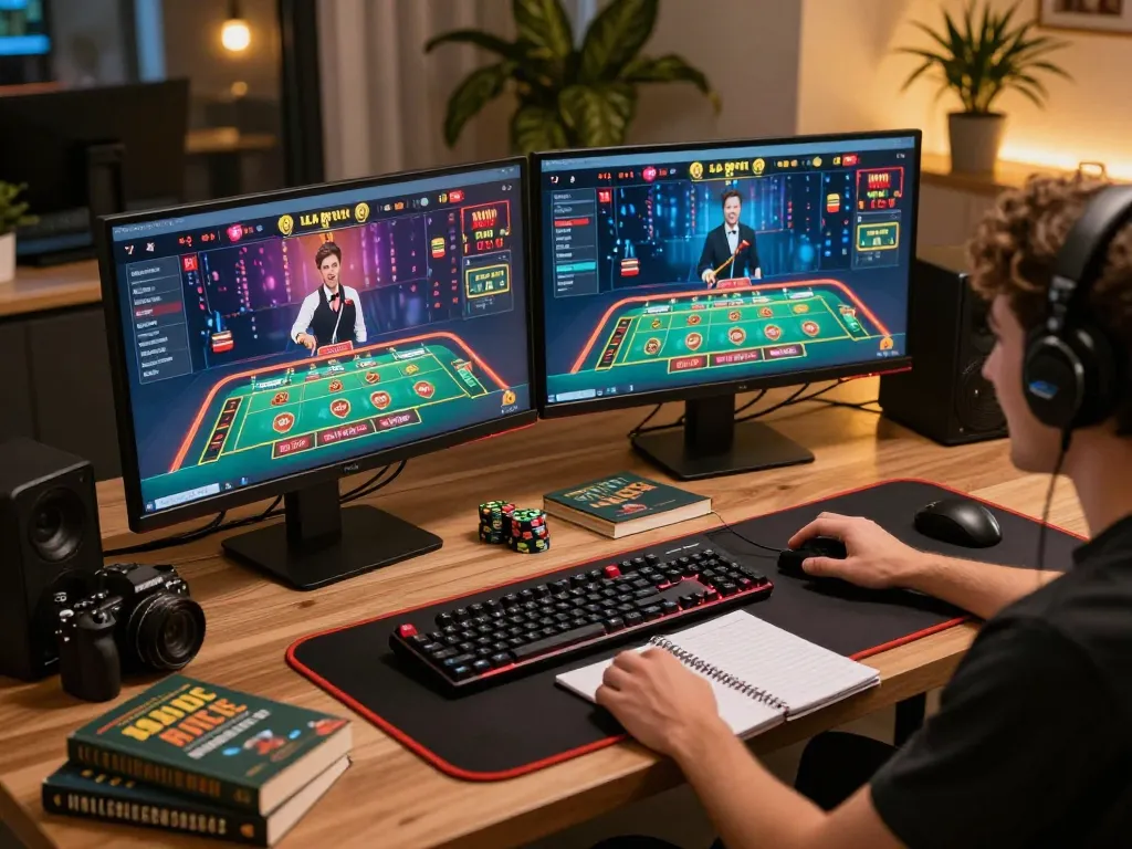 Person using sunwingo on dual screens, enjoying live dealer games in a cozy home setup