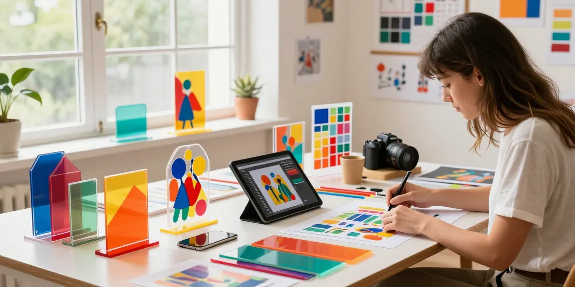 Customized acrylic standees arranged in a creative workspace, showcasing vibrant colors and designs.
