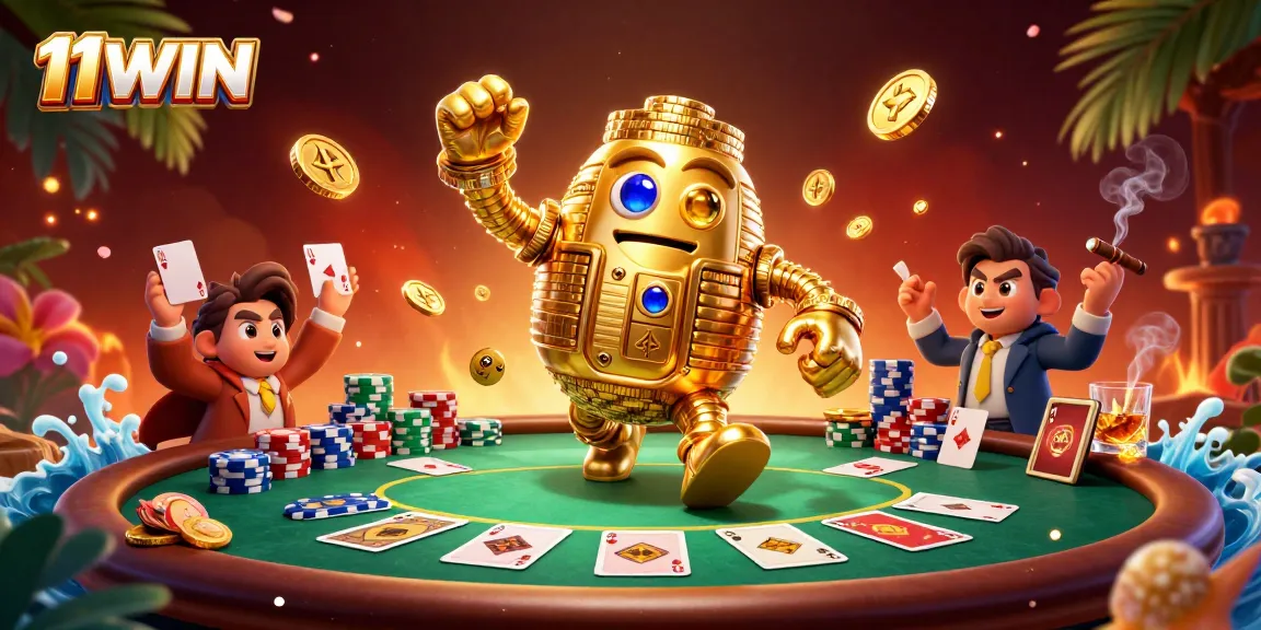 Engage with thrilling 11WIN casino excitement featuring an ancient golden golem and poker elements.