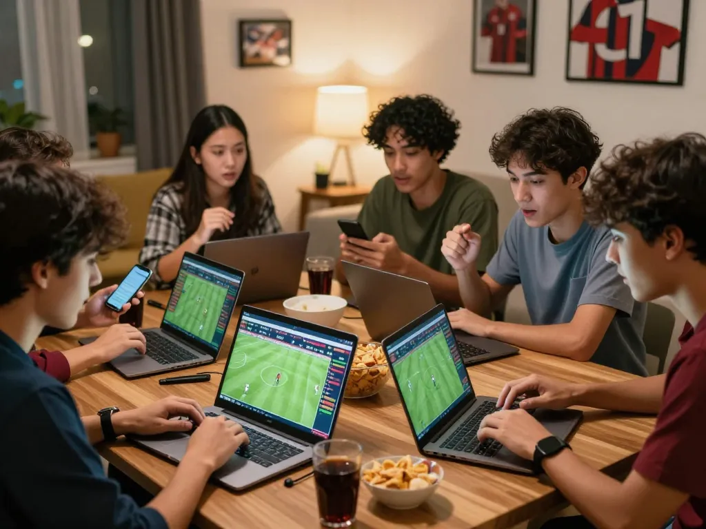 Friends enjoying judi bola betting experience in a lively home setting, surrounded by screens with live football odds.