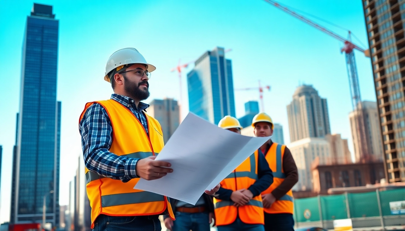 Manhattan General Contractor examining a construction blueprint on-site in New York City.