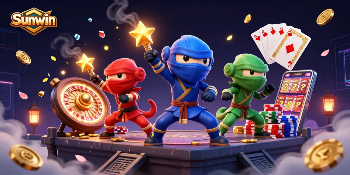 Sunwin promotes excitement with dynamic chameleon ninjas amidst cascading winning gems and casino elements.