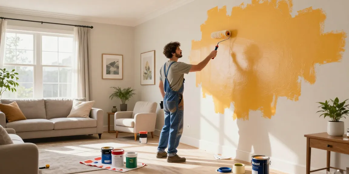 Professional applying painting services in a vibrant living room makeover.