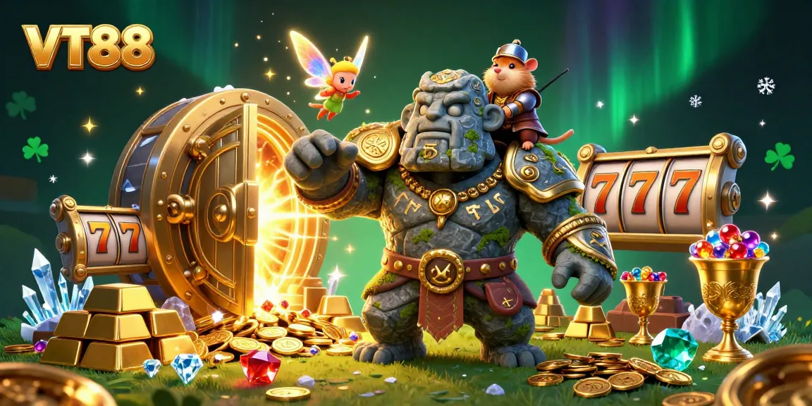 VT88 captures excitement with a magical golem and fairy amidst glimmering casino treasures.