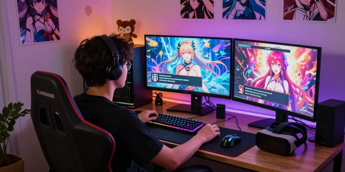 Engaging in a hentai ai chat with a vibrant avatar on multiple screens in a cozy gaming setup.