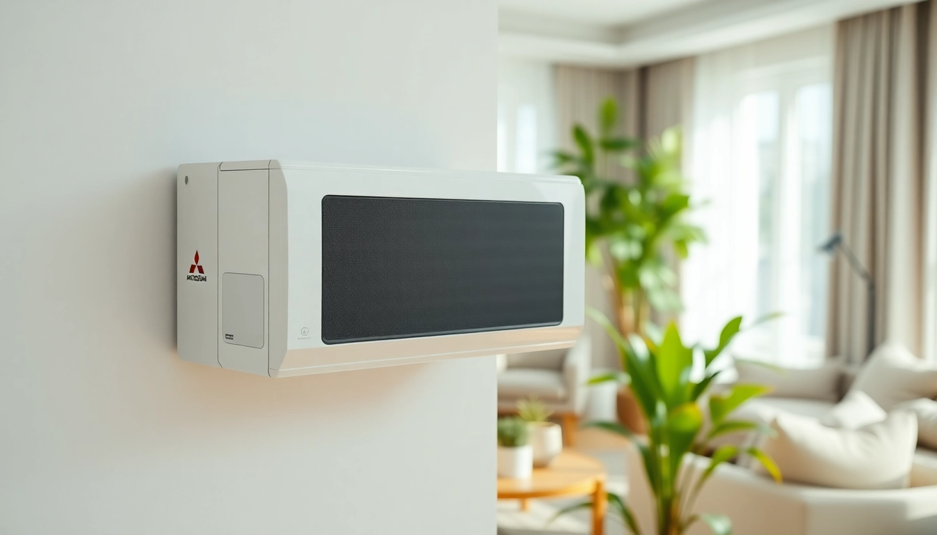 Showcasing a Mitsubishi mini split AC unit in a modern living room, blending comfort and stylish decor.