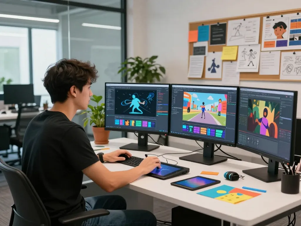 Animator using Kling motion AI in a vibrant workspace with dual monitors showing animation graphics.