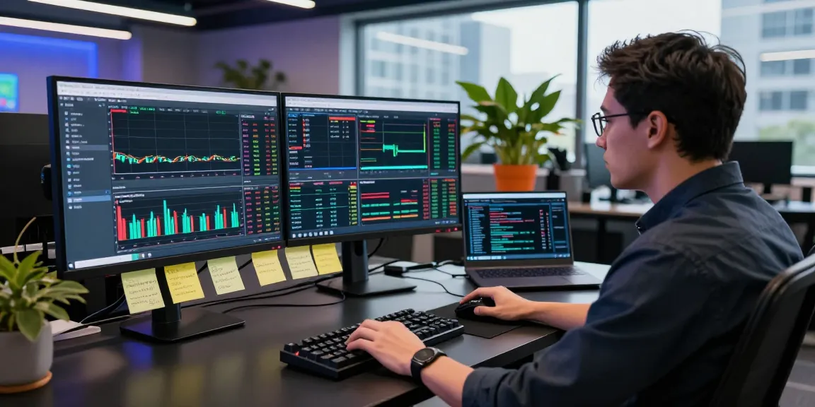 Futures trader using trading VPS with dual monitors showing live market data in a modern office.
