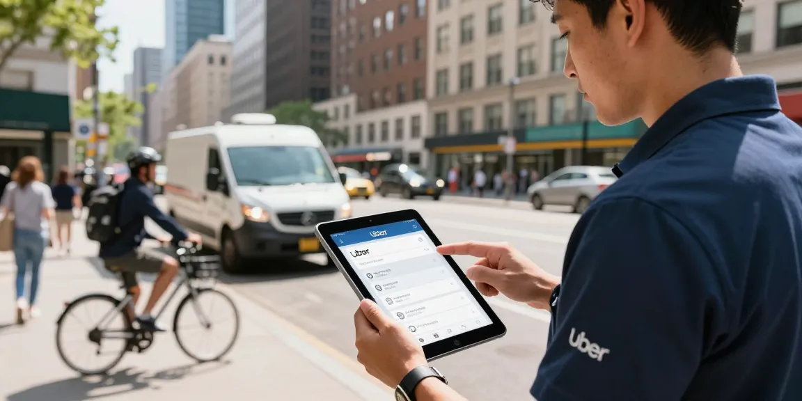 Service provider using an Uber-like service booking platform app in a busy urban setting.