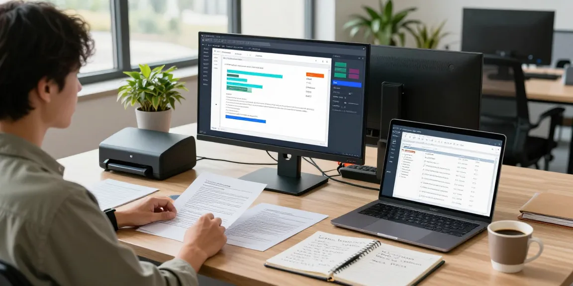 Advanced document fraud detection setup in modern office with dual monitors and verification software.