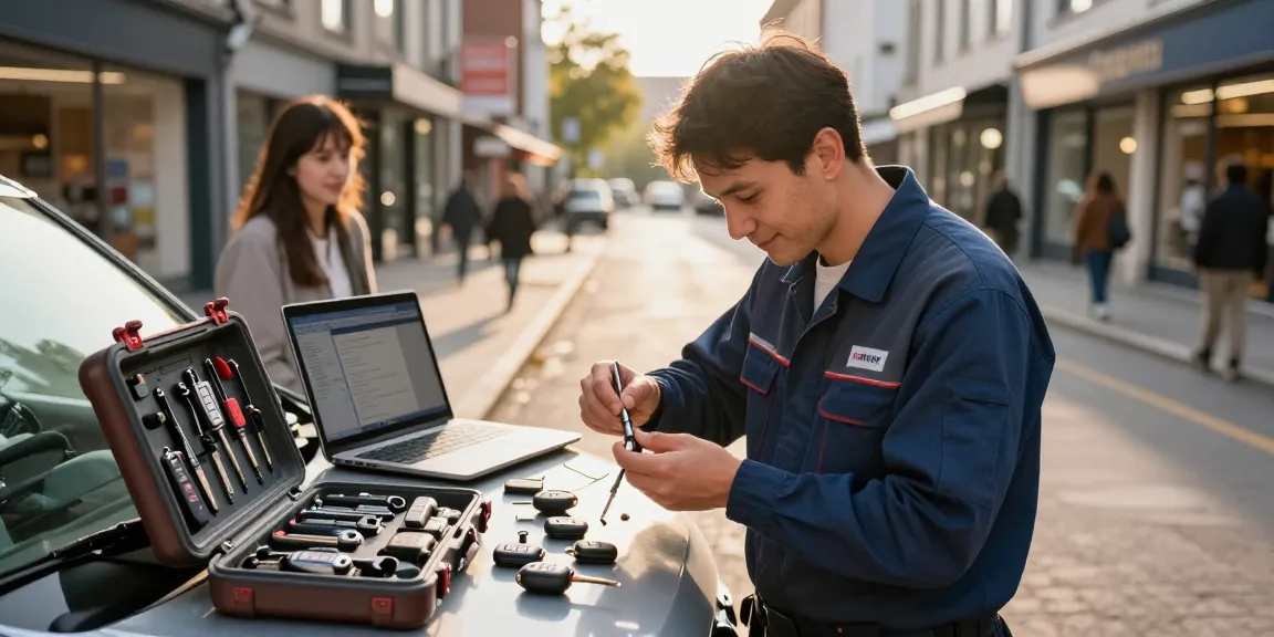 Expert car locksmith service creating autosleutel bijmaken on urban street.