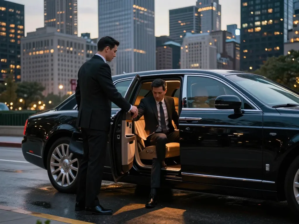 Chauffeur opening Lincoln Continental door for client in Chicago & Metro Area luxury transportation scene.