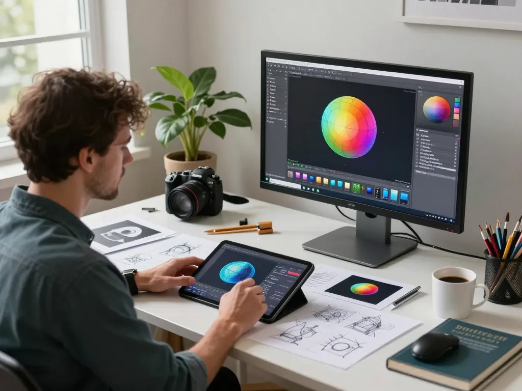 Designer creating stunning 3D models from 2D images in a bright, innovative workspace using image to 3D technology.