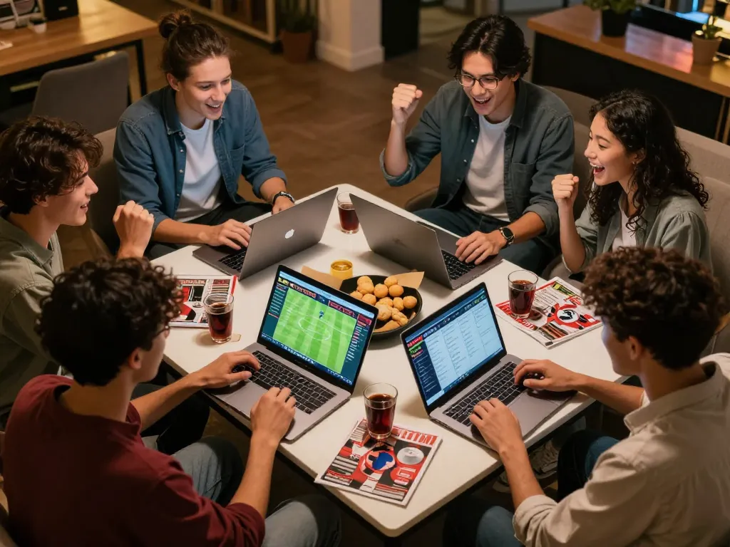 Socolive users celebrate a winning sports bet while analyzing strategies in a cozy home setting.